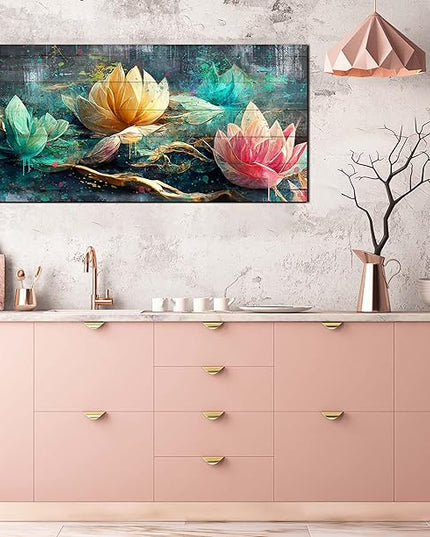 GUGIKA Lotus Flower Wall Art for Living Room, Floral Canvas Wall Decor for Bedroom, Teal Vintage Print Painting, Colorful Artwork for Home, Aesthetic Picture Decoration, Size 40x20