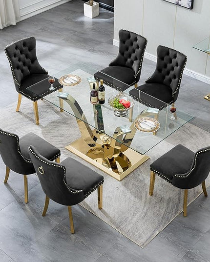 HomVent 70'' Glass Dining Table Set for 6, Modern Rectangle Kitchen Table Set for 6, Glass Dinner Table and Chairs Set for 6 for Living Room,Kitchen