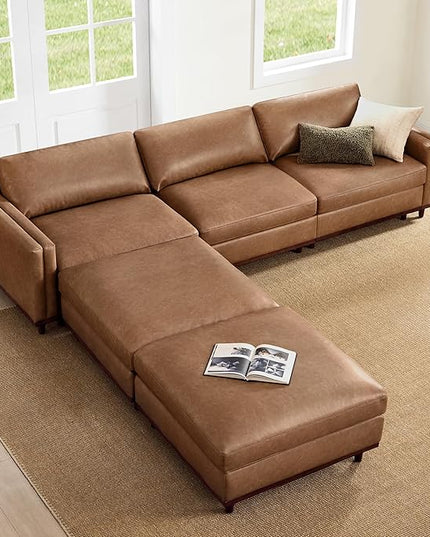 CHITA 118" Super Large Luxury L Shape Convertible Sectional Modular Sofa, FSC Certified Down Filled Modern Sofa, Deep Seat Cloud Couch, 5 Seat Couch with Chaise, Solid Wood Leg, Faux Leather in Camel