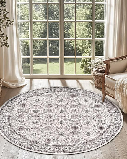jinchan Round Rug 4ft Washable Circle Soft Rug - Low Pile Vintage 4'Round Indoor Beige Floral Print Stain Resistant Boho Carpet Ultra-Thin Non-Slip for Entryway Nursery Bedroom Dining Room Kitchen