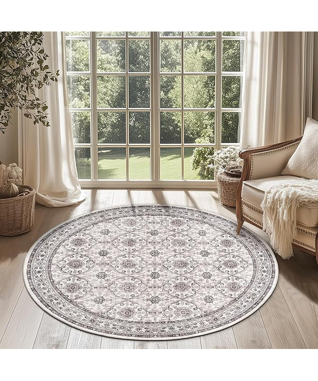 jinchan Round Rug 4ft Washable Circle Soft Rug - Low Pile Vintage 4'Round Indoor Beige Floral Print Stain Resistant Boho Carpet Ultra-Thin Non-Slip for Entryway Nursery Bedroom Dining Room Kitchen