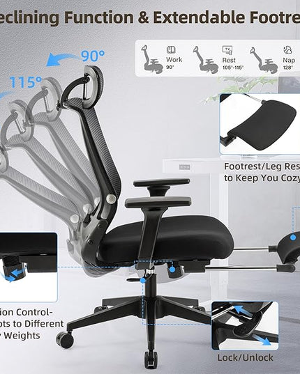 Foldable Office Chair with Foot Rest, Ergonomic Office Chair with Adjustable Lumbar Support, Headrest, Armrest, Home Office Desk Chairs for Space Saving, Work from Home, Black