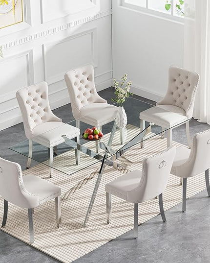 Rectangle Glass Dining Table Set for 6, 60'' Kitchen Table and Chairs Set, 7PCS Modern Dining Room Table Set with 6 Velvet Dining Chair for Home