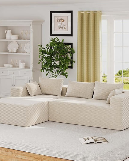 ALISH 111 Inch L-Shaped Cloud Sectional Sofa Couch, Compression Couch with Chaise, Modular Deep Seat Boneless Design for Easy Setup, Plush Upholstered Living Room Bedroom Apartment Furniture, Beige