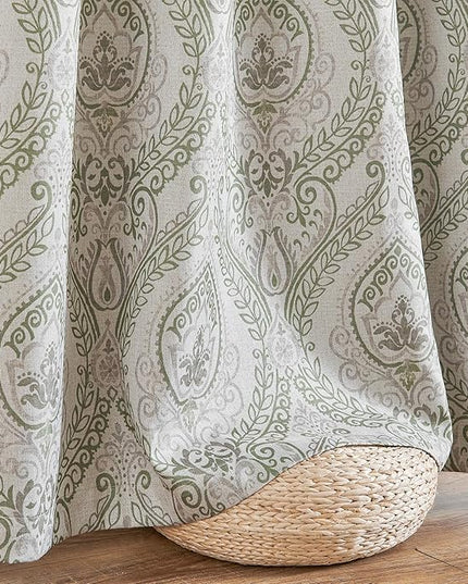 jinchan Linen Textured Curtains for Living Room Darkening 72 Inch Length, Medallion Drapes for Bedroom, Damask Pattern Window Treatments Vintage Curtain Panels, 2 Panels Sage Green on Greige