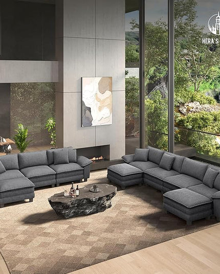 HERA'S HOUSE 124" Modular Sectional Sofa, Oversized Couches for Living Room, Comfy Cloud Couch 3-Seater Deep Seat Sofa with Throw Pillow, Corduroy Grey