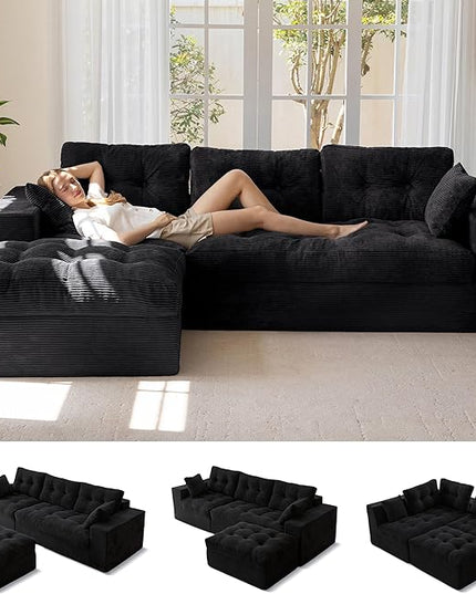 MAXYOYO 104" L Shaped Modular Sectional Sofa with Ottoman, Cloud Boneless Couch with Layered Cushion, Upholstered Sofa in a Box, Flexible Module Combination for Living Room, No Assembly, Black