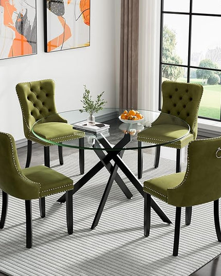 HomVent 5 Piece Round Glass Dining Table Set, Tempered Glass Dinner Table Set for 4 Kitchen Table Set with 4 Velvet Upholstered Chairs for Kitchen Dining Room