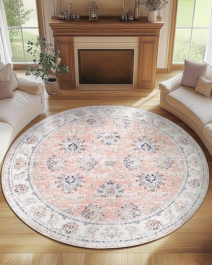 jinchan Fiora Round Rug 8ft Area Rugs - Vintage Floral Distressed Design Machine Washable Non-Slip Low-Pile Ultra-Thin Circle Rug for Living Room Dining Room Bedroom Home Office (8' Round, Pink)