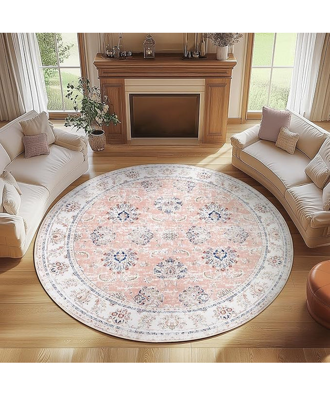 jinchan Fiora Round Rug 8ft Area Rugs - Vintage Floral Distressed Design Machine Washable Non-Slip Low-Pile Ultra-Thin Circle Rug for Living Room Dining Room Bedroom Home Office (8' Round, Pink)