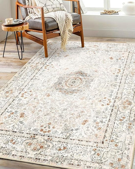 Boho Rug 3x5,Washable Area Rugs for Bedroom Living Room Kitchen Entryway,Small Vintage Bohemian Distressed Non Slip Carpet,Beige
