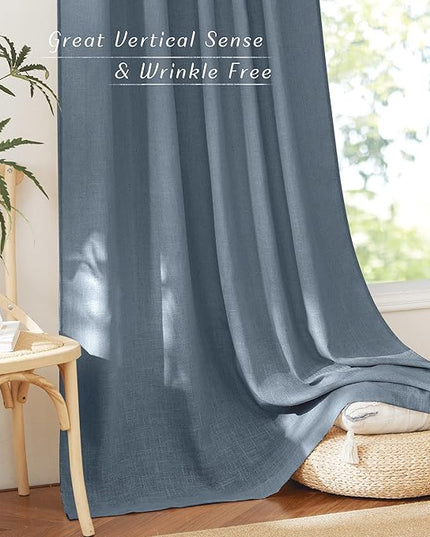 NICETOWN Linen Curtains 84 Inches Long, Rod Pocket & Back Tab Curains for Bedroom Living Room, Light Weight Airy Semi Privacy Sheer Curtains for Urban Decor, 52 x 84 inch, 2 Panels, Stone Blue