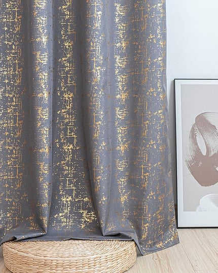 Taisier Home Soft Grey & Gold Glittering Geometric Dots Curtains 108" - Extra Long Luxury Drapes, Set of 2 Gold Foil Print Linen Panels with Sparkling Accents for Floor-Length Windows