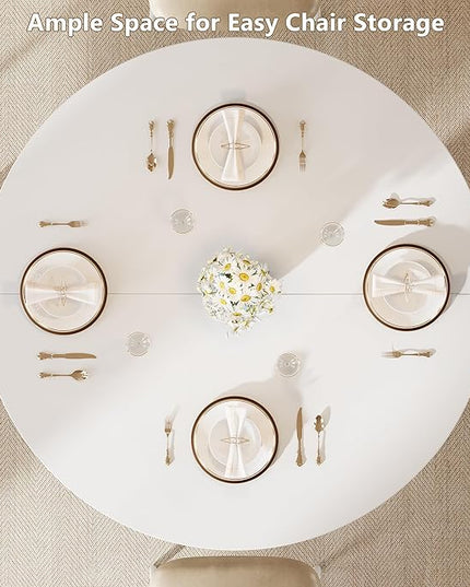 Round Dining Table for 4-6, Kitchen Table with Sturdy Double Arc & Rounded Base & Backboard Clasp Desktop, Mid-Century Modern Circle Dinner Table for Dining Living Room, Space Saving, White