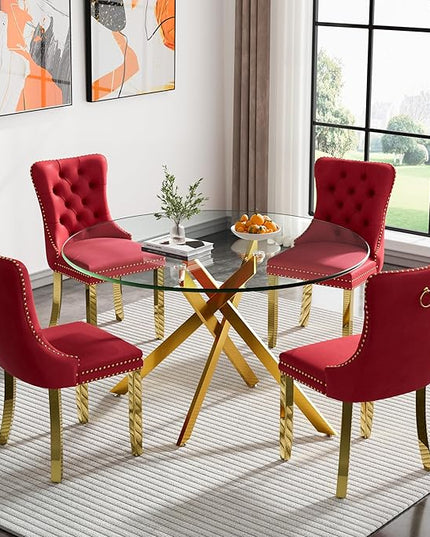Round Glass Dining Table Set for 4, 47'' Clear Circular Kitchen Table and Chairs Set, 5PCS Modern Circle Dining Room Table Set with 4 Velvet Dining Chair for Home