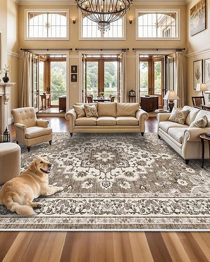 Washable 12x18 Area Rug - Extra Large Rugs for Living Room Soft Low Pile Carpet for Bedroom Non-Slip Stain Resistant Vintage Indoor Floor Carpets (Beige, 12x18)