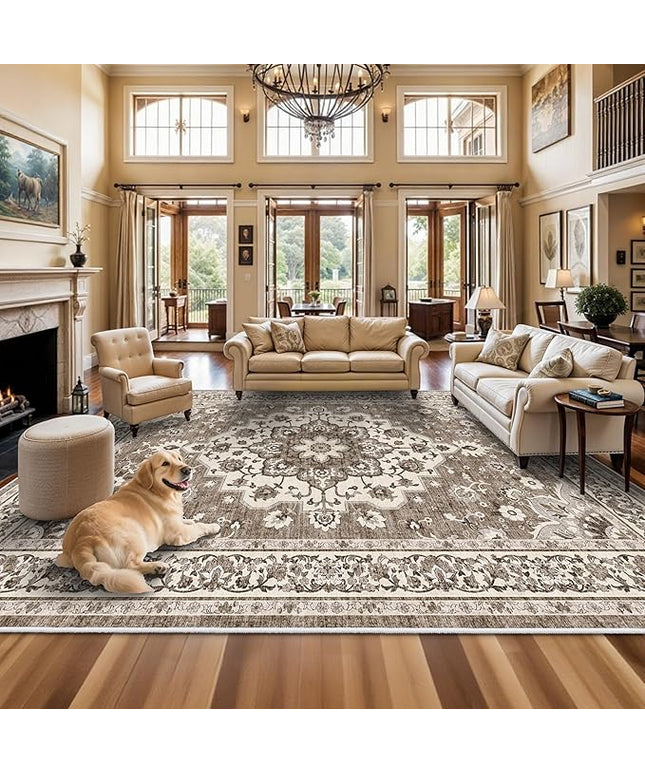 Washable 12x18 Area Rug - Extra Large Rugs for Living Room Soft Low Pile Carpet for Bedroom Non-Slip Stain Resistant Vintage Indoor Floor Carpets (Beige, 12x18)