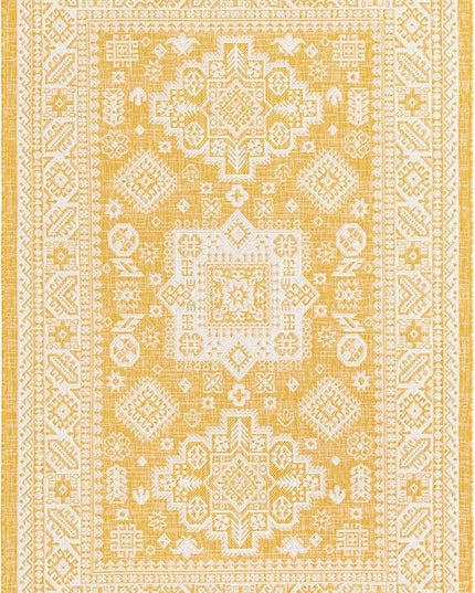 Rugs.com Outdoor Aztec Collection Rug – 5' x 8' Yellow Flatweave Rug Perfect for Living Rooms, Large Dining Rooms, Open Floorplans