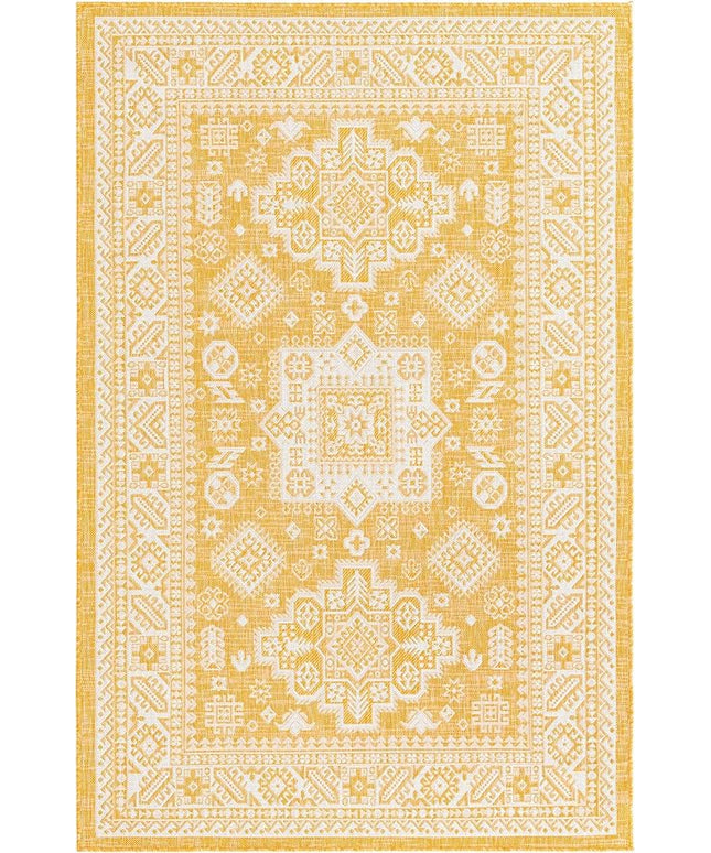 Rugs.com Outdoor Aztec Collection Rug – 5' x 8' Yellow Flatweave Rug Perfect for Living Rooms, Large Dining Rooms, Open Floorplans