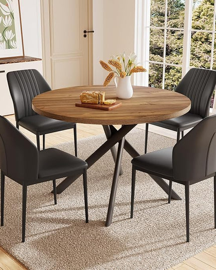 45.3'' Walnut Round Dining Table Set for 4, Mid Century Modern Small Coffee Set for Dining Room Kitchen Apartment (Light Walnut + 4 Black Chairs)