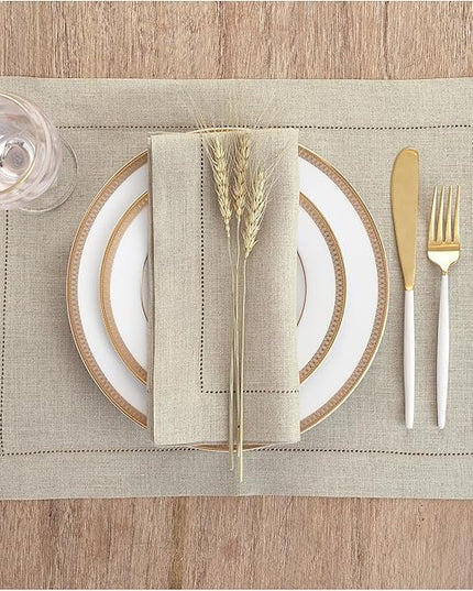 Solino Home Natural Linen Napkins Set of 4-100% Pure Linen Hemstitch Dinner Napkins 20 x 20 Inch for Christmas, Holiday, New Year - Classic Hemstitch
