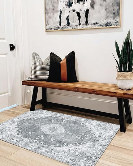 MUJOO Grey Rug 2'x3',Small Washable Area Rugs for Entryway Kitchen Bathroom Bedroom,Boho Vintage Bohemian Distressed Farmhouse Non Slip Carpet, Floral