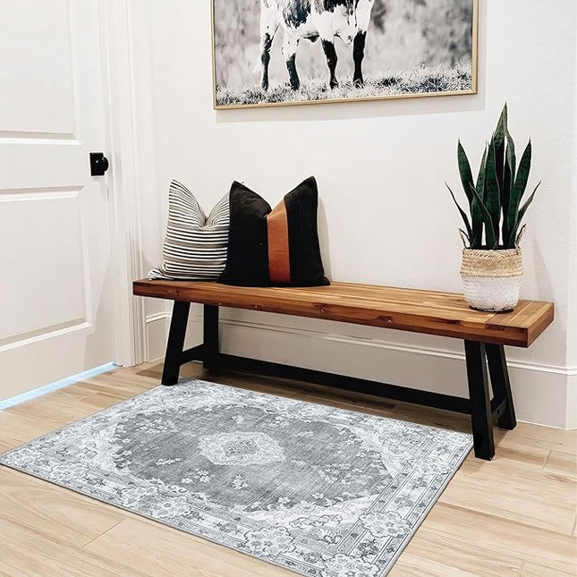 MUJOO Grey Rug 2'x3',Small Washable Area Rugs for Entryway Kitchen Bathroom Bedroom,Boho Vintage Bohemian Distressed Farmhouse Non Slip Carpet, Floral
