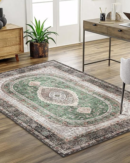 Green Rug 3x5,Washable Area Rugs for Bedroom Living Room Kitchen Entryway,Small Boho Vintage Bohemian Distressed Oriental Non Slip Carpet
