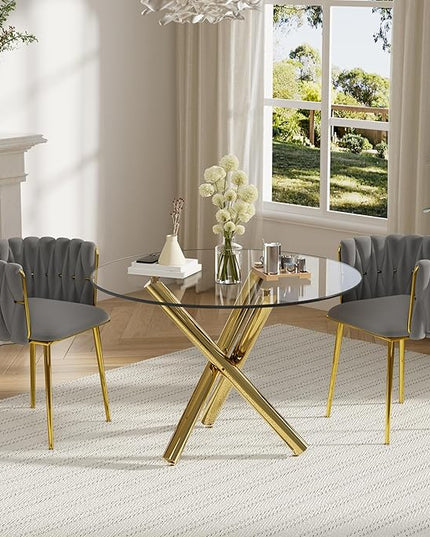 3 Piece Modern Glass Round Dining Set, Clear Circle Glass Top Dinner Room Set, 36'' Gold Luxury Circular Kitchen Table and Grey Woven Chairs Set of 2, for Small Apartment Bedroom Leisure