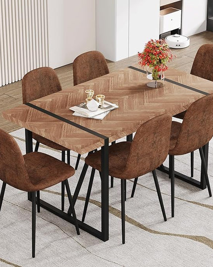 FURNITO 7 Piece Dining Table Set for 6, 55" Wooden Kitchen Table with Upholstered Chairs, Mid Century Modern Rectangular Dining Room Set, Rustic Table and Chairs Set for Kitchen or Living Room
