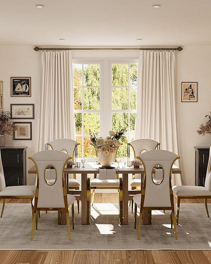 78 inch Rectangular Solid Wood Dining Table for 6-8, Luxury Farmhouse Rustic Dining Table with Light Brown Wood Top and UH-Shaped Mirrored Gold Pedestal, for Dining Room, Kitchen