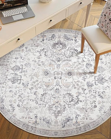 jinchan Kalen Round Rug 6ft Area Rug Washable Vintage Indoor Retro Floor Cover Distressed Gray Floral 6' Round Circle Boho Non Slip Thin Carpet for Living Room Dining Room Bedroom Kitchen Grey