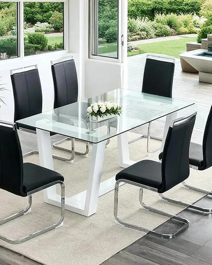 Ebullient Glass Dining Table Set for 6, Modern Dining Table Set for 6, Tempered Glass Tabletop with White MDF Trapezoid Legs, Rectangle Kitchen Table with 6 Faux Leather Chairs for Home, Apartment