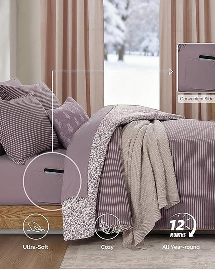 King Comforter Set - 7 Pieces Deep Purple Gauze Muslin Bedding Sets for All Seasons, Lightweight Breathable Bed in a Bag King with Revesible Farmhouse Comforter, Sheets, Pillowcases & Shams
