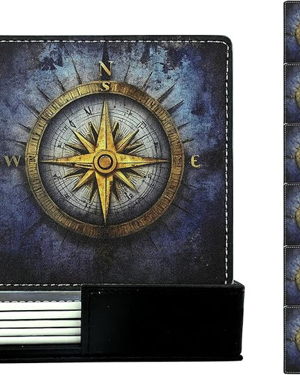 Marble Coasters Square Leather Drinks Coaster Set with Holder for Coffee Table Bar Home Decor 4 Inches Set of 6 (Compass Rose, One Size)