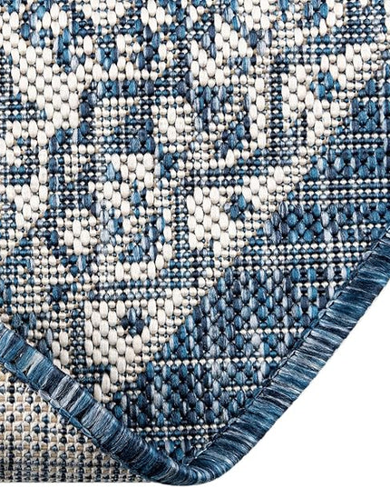 Rugs.com Outdoor Aztec Collection Rug – 3 Ft Round Blue Flatweave Rug Perfect for Kitchens, Dining Rooms