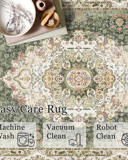 Green Round Rug 5ft, Circle Boho Area Rugs for Bedroom Living Room,Washable Vintage Bohemian Distressed Oriental Carpet Non Slip,Sage Floral