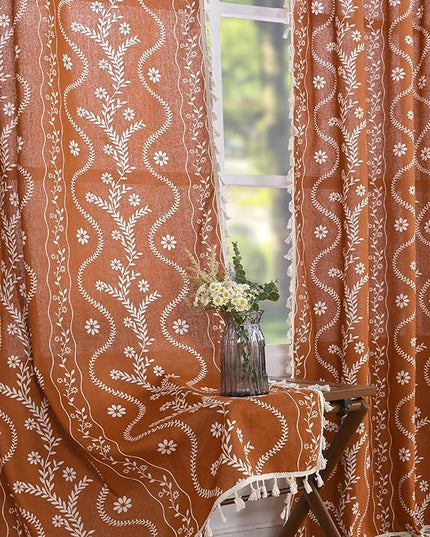 Boho Terracotta Curtains for Living Room 108 Inches Long Semi Sheer Linen Floral Curtains Vintage Farmhouse Window Drapes 2 Panel Sets for Dining Room Kitchen Rust Colored