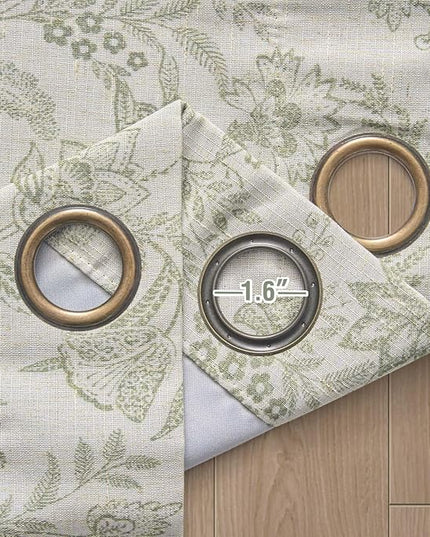 Lazzzy Green Floral Lined Curtains Linen Farmhouse 63 Inch Length Grommet Top Drapes for Living Room Bedroom Patterned Country Vintage Flower Curtains 2 Panels Set Green on Beige