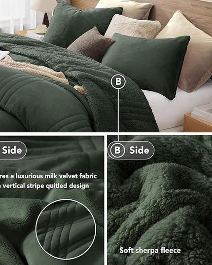 Monbix Fluffy Full Comforter Set Deep Forest, Sherpa Plush Fuzzy Comforter 3 Piece for Full Size Bed, Luxury Soft Winter Warm Bedding Set