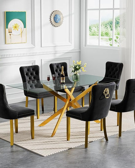 HomVent 7 Piece Rectangular Glass Dining Table Set, Tempered Glass Dinner Table Set for 6 Kitchen Table Set with 6 Velvet Upholstered Chairs for Kitchen Dining Room