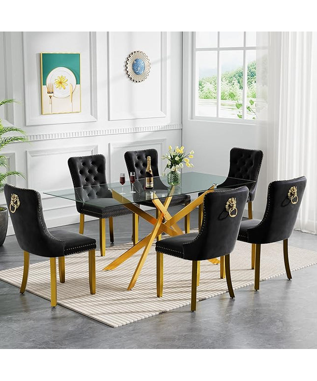Modern 7-Piece Glass Dining Table Set for 6, Modern 60" Rectangle Gold Glass Dining Room Table Set with Black Velvet Tufted Chairs Wood Legs for Kitchen Dining Room