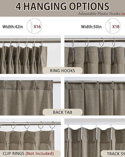 Custom Length Curtains 92 Inches Long,Pinch Pleated Linen Blend Back Tab with Hooks Boho 70s Curtains for French Door Living Room W50 x L92 Khaki