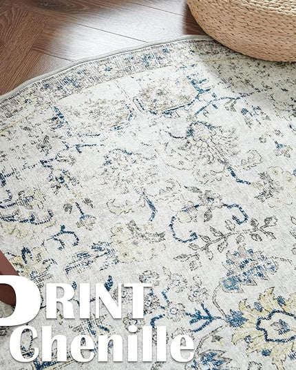jinchan Kalen Round Rug 6ft Area Rug Washable Vintage Indoor Retro Accent Floor Cover Distressed Floral 6' Round Circle Boho Non Slip Thin Carpet for Living Room Dining Room Bedroom Kitchen Blue