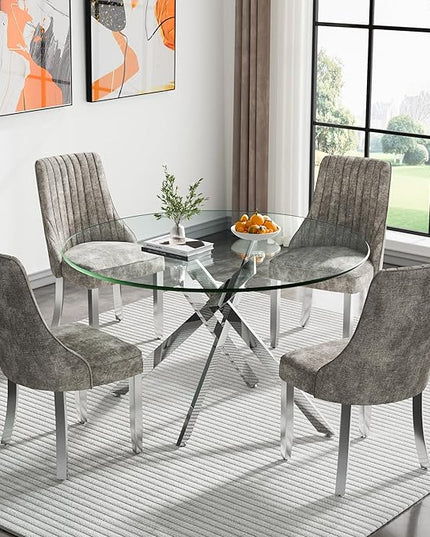 Round Glass Dining Table Set for 4, 47'' Clear Circular Kitchen Table and Chairs Set, 5PCS Modern Circle Dining Room Table Set with 4 Dining Chair for Home