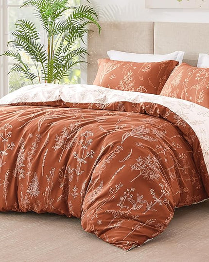 Love's cabin Terracotta Comforter Set Queen - Queen Size Comforter Set, 3 Pieces Cute Floral Bedding Sets for All Seasons,1 Soft Reversible Botanical Flowers Comforter and 2 Pillow Shams