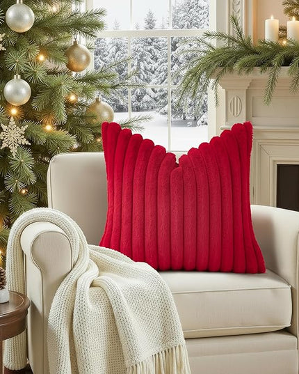 decorUhome Faux Fur Spring Throw Pillow Covers 20x20 Set of 2, Decorative Soft Plush Striped Neutral Couch Euro Pillow Covers with Velvet Back for Sofa, Bed, Living Room Home Decor, Red