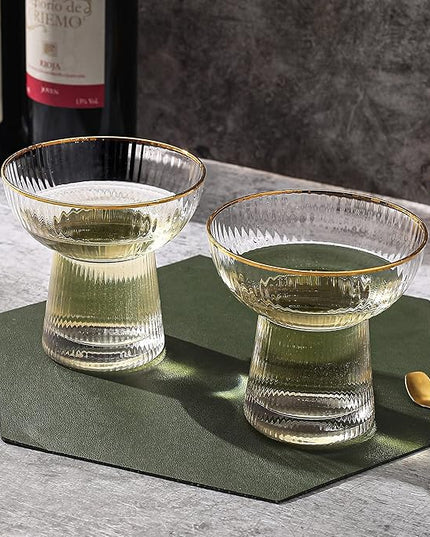 Lysenn Stemless Margarita Glasses Set of 2 - Elegant Vertical Stripes Cocktail Glasses – Premium Hand Blown Glassware for Martini and Mixed Drinks – 10 oz Gold Rim