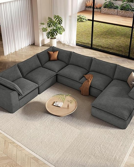 Vesgantti 141.7" Oversized Boneless Sectional Couch, Modern 7 Seater Modular Sofa with Chaise, Deep Seat Convertible Corduroy Cloud Couches for Living Room, No Assembly Required, Dark Gray