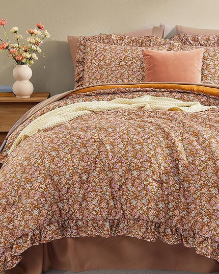 Queen Comforter Set - 7 Pieces Ruffle Brown Bedding Sets, Shabby Chic Farmhouse Bed in a Bag with Ruffle Comforter, Sheets, Pillowcases & Shams
